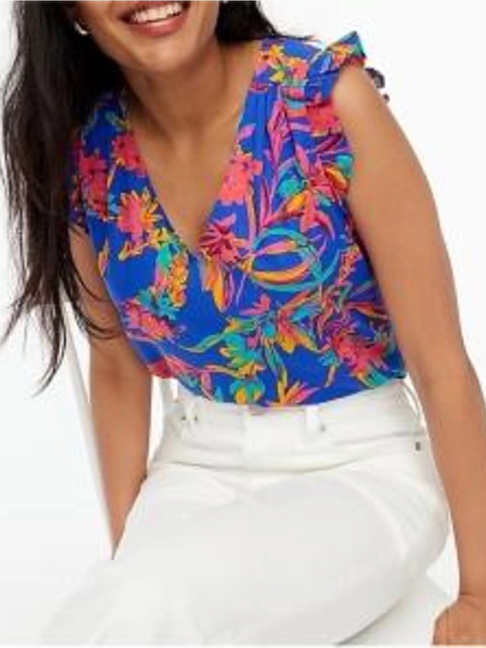J. Crew Royal Blue Tropical Floral V-Neck Ruffle top